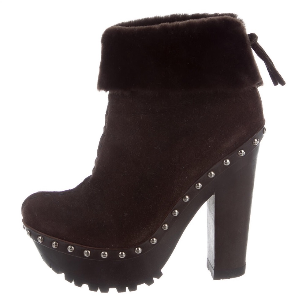 Miu Miu Dark Brown Suede Platform Ankle Boots with Stud Trim